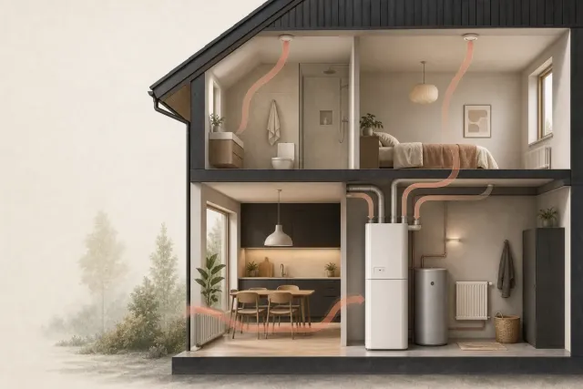 Hus där ventilationsluft återvinns av en frånluftsvärmepump.