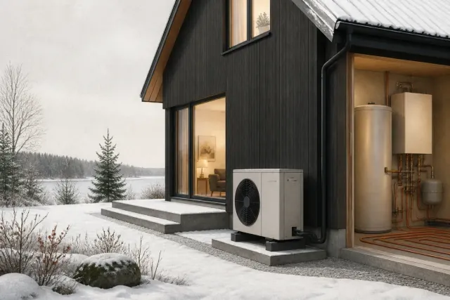 Luft-vattenvärmepump vid ett svenskt hus vintertid.